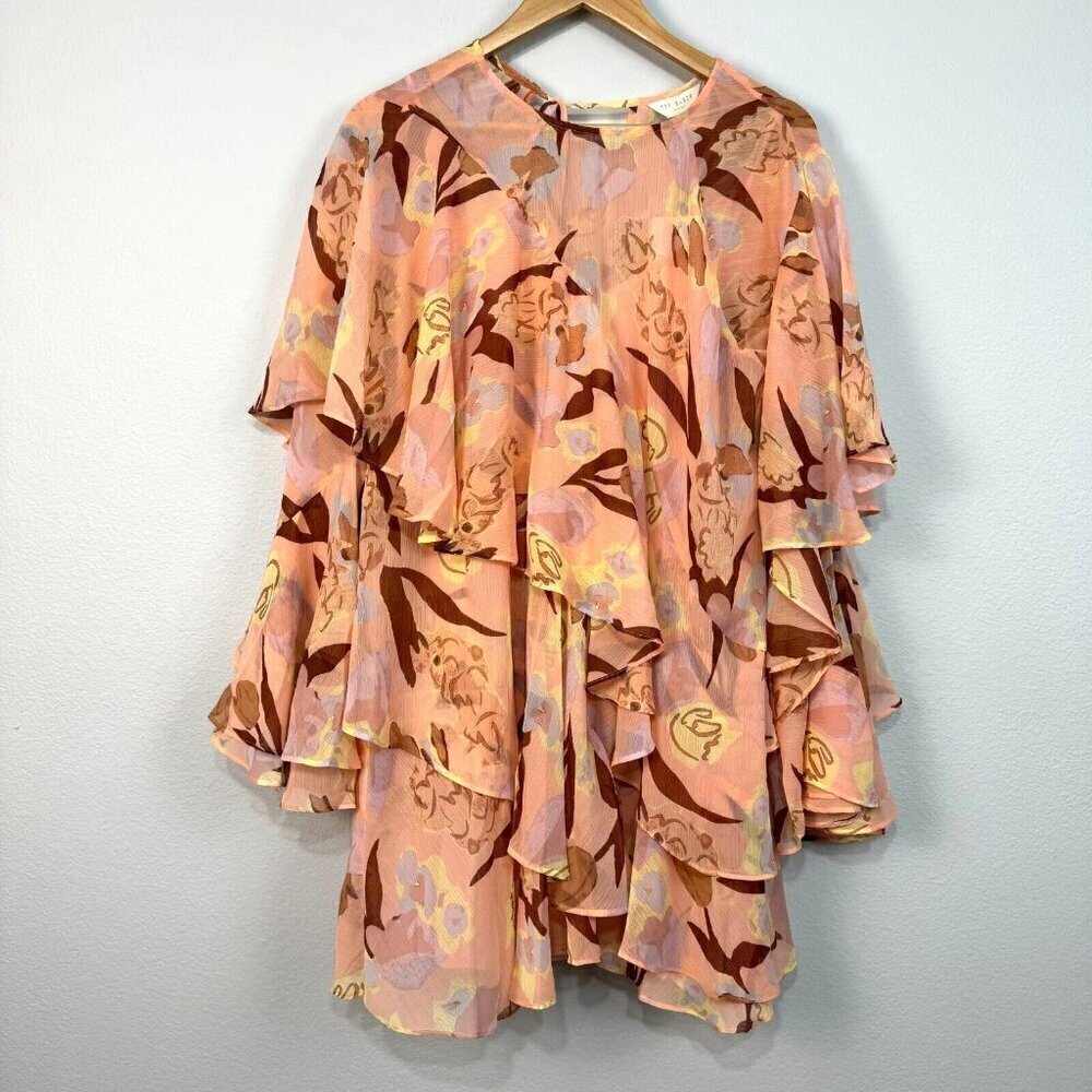 Ted Baker Pegaia Floral Ruffle Flowy Waterfall Long Sleeve Mini Dress Coral Sz 8
